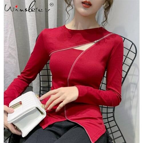 Long Sleeve Basic T-shirt Women 2020 Spring/Fall Streetwear Cut-out Hollow Out Cotton Tshirt Girls Tees Tops with zip T07611B