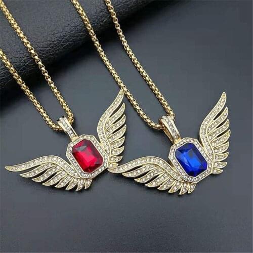 Hip Hop Iced Out Rhinestone Wing Pendants Chain Gold Color Stainless Steel Necklaces For Women&Men Fashion Jewelry Dropshipping
