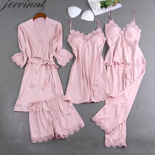 Jerrinut 5PCS Pajamas Set Silk Satin Womens Lace Nightwear Pyjamas Suit Female Lounge Sleepwear With Chest Pads Nighties