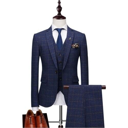 Plaid 3 Piece Men Suits Sets 2020 Mens Dress Suits Formal Slim Fit Groomsmen Wedding Suits Blazer Vest Pants