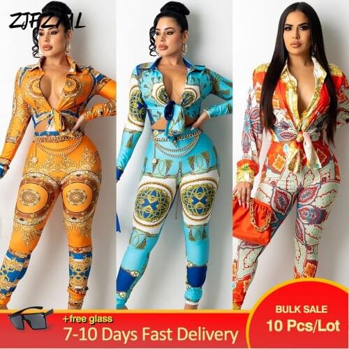 Bulk Items Wholesale Lots Two Piece Sweatsuit Women Print Full Sleeve Shirt Tops and Bodycon High Waist Legging Loungewear Set