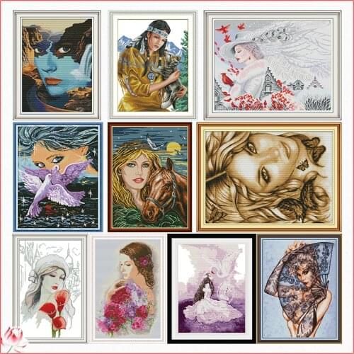 Joy Sunday Beauty Character Cross Stitch Kit 14CT 11CT Canvas Printed Fabric Embroidery Kit DIY Needlework Decoration Sewing Set