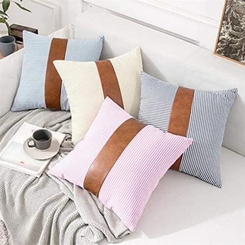 Pillow Cover 45 x 45cm Set Of 2 Striped Faux Leather Farmhouse Decorative Throw Pillow Covers For Couch Sofa Pillows Decor Home