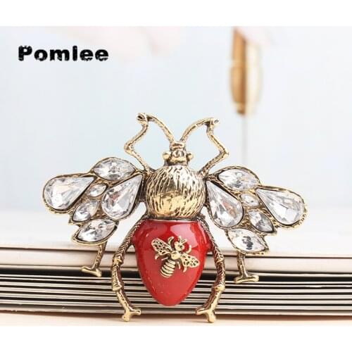 Pomlee New Fashion Crystal Insect Bee Brooches for Women Antique Gold Color Brooch Pin Vintage Style Jewelry High Quality
