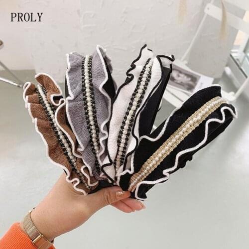 PROLY New Fashion Women Hairband Frilled Striped Headband Pearls Headwear Adult Multipurpose Hair Hoop Spring