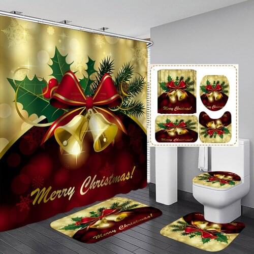 Christmas Ring Bell 180x180cm Shower Curtain Set Waterproof Polyester Bathtub Curtains for Bathroom Xmas Decor Non Slip Bath Mat