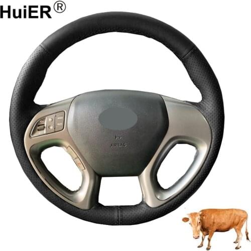 Hand Sewing Car Steering Wheel Cover Black Cow Leather Wrap For Hyundai ix35 Tucson 2 2010-2015 Auto Braid on the Steering wheel
