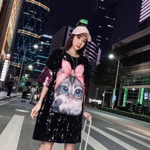 Cute Cartoon Womens Summer T-Shirt 2021 Fashion Beads Bling Sequins O Neck Loose Casual Tee Short Sleeve All-Match Hiphop Top
