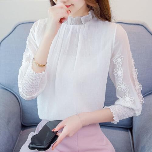 Womens Spring Autumn Style Chiffon Blouses Shirts Womens Turtleneck Solid Color Appliques Long Sleeve Blouses Shirts DD8315