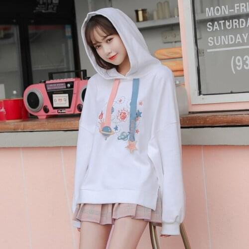 MERRY PRETTY Women Cartoon Planet Embroidery White Hoodies Sweatshirts Casual Pullover 2020 New Sweet Style Girl Loose Tracksuit