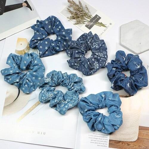2019 New Lady Denim Hairbands Stretch Hair Tie Vintage Retro Pattern Ponytail Holders Stars Printed Boho Scrunchies