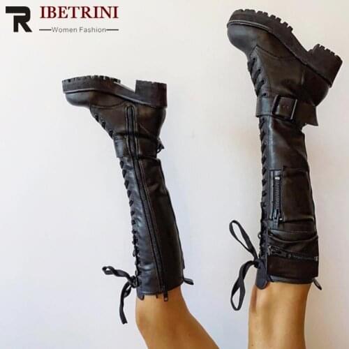 Women Cool Knee High Boots Goth Zipper Design Cool Lace Up Chunky Heel High Quality Shoes Woman Fashion Popualr Big Size 45
