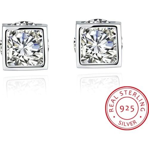 UFOORO 925 Sterling Silver High Quality Stud Earrings Jewelry For Women Accessories Square Vintage White Cubic Zircon