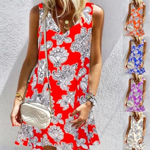 2021 Summer New Women Dress V Neck Vintage Print Large Size Loose Dresses Off Shoulder Sleeveless Party Vestido Boho Beach Dress