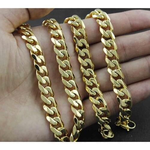10mm Trendy Stainless Steel Gold Tone Cuban Curb Link Chain Necklace Or Bracelet For Men Women Unisexs Jewelry 7-40inch Hotsale