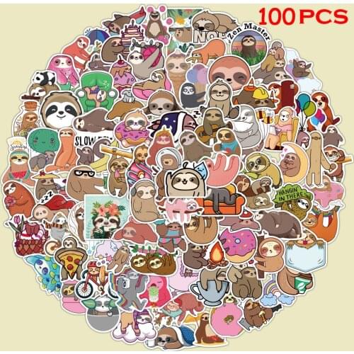 100PCS Cartoon Sloth Stickers Waterproof Laptop Suitcase Motorcycle Car Styling DIY Decoration Kids Girl Sticker Toy