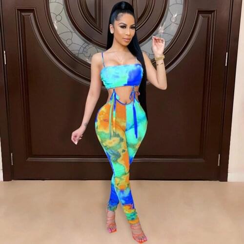 2021 Best Quality Famous Brand Jumpsuits Tie Dye Bandage Spaghetti Strap Hollow Out Sexy Jumpsuits