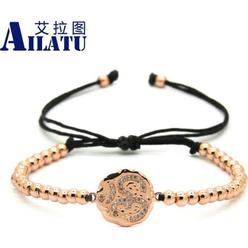 Ailatu Exquisite Micro Paved Clear Zircons Om Braided Bracelet With 4mm Bronze Beads Hot Sale Size Adjustable Jewelry