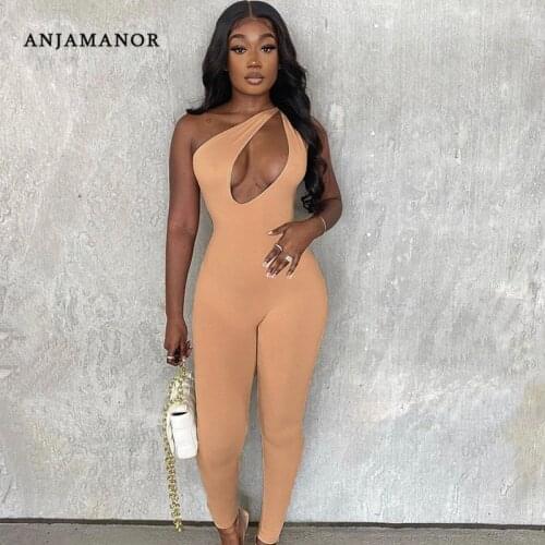 ANJAMANOR Solid Color Cutout One Shoulder Bodycon Jumpsuit Sexy Club Outfits for Women Rompers Wholesale Items D85-BD21