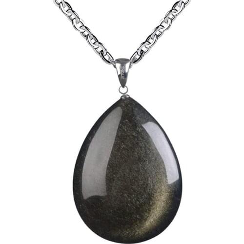 Top Natural Gold Obsidian Pendant Necklace Jewelry For Women Men Crystal Water Drop Beads Luck Wealth Stone Silver Chains AAAAA