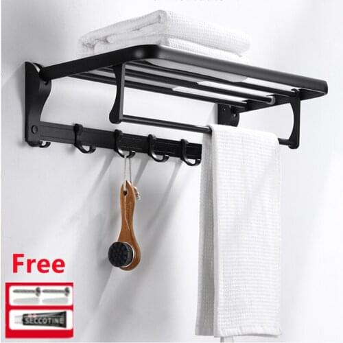 40/60cm Bathroom Towel Holder Punch Free Towel Rack Wall Mounted Matte Black Aluminum Storage Shelf with Hook Shower Room Tool