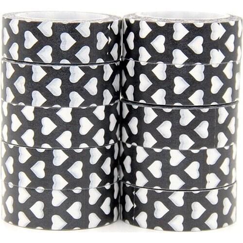 New 10pcs/set 15MM*10M White Heart Black Washi Tape washi stickers DIY Scrapbooking Masking Tape School Office Supply