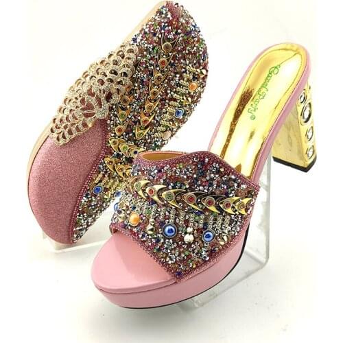 Lastest Italian Design Fashion Yellow Color Ladies Shoes and Bag Set Decorated With Diamond Shape Yellow Rhinestone for Party