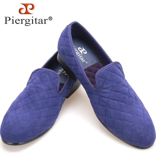 Handcraft men white and blue velvet shoes with stitching plaid pattern British smoking slippers male casual shoes mens loafers