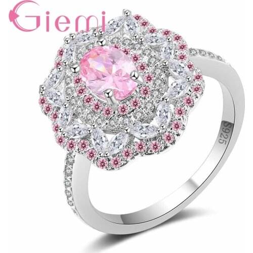 Simple Flower Band Fashion Hollow Flower Ring Shiny White Pink Crystal High Quality 925 Sterling Silver Cubic Zircon Anel