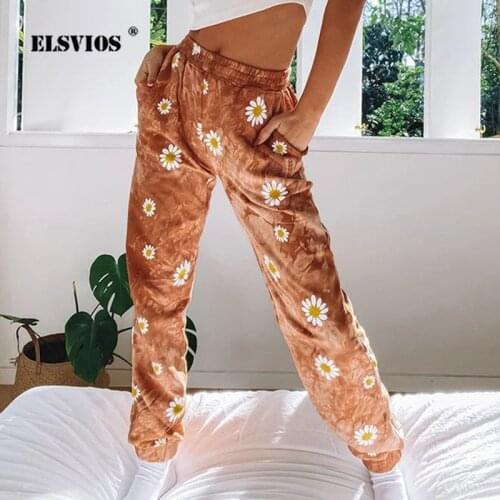 Plus Size 2020 Winter Women Elegant Milk shreds Sanding Pant Casual Daisy Tie-dye Print Pants New Womens Elastic Waist Trousers