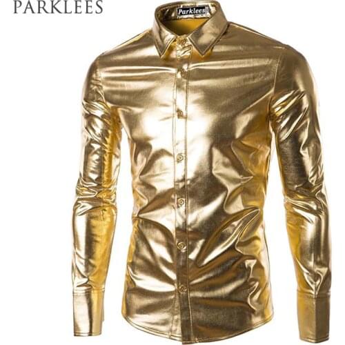 Night Club Wear Mens Elastic Shirts Slim Fit Fashion Metallic Shiny Shirt Mens Shirts Long Sleeve Chemise Homme Clothing