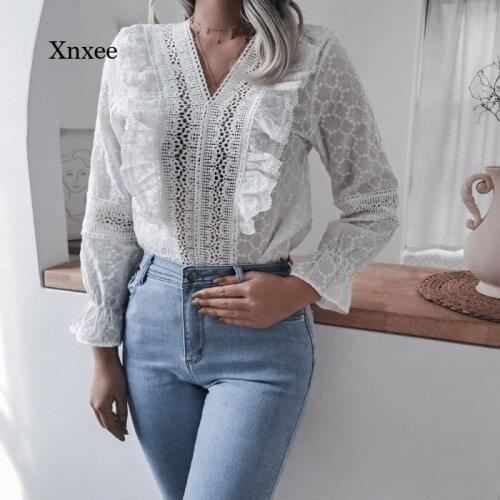 Spring 2021 T-Shirt Womens White Lace Casual Harajuku Ruffled Horny Long Sleeve Top Womens Top