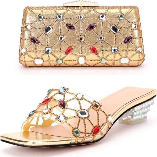 Golden Crystal Womens Shoes Party Wedding 2021 New Design Wallet Shoe Set 43 Size Womens Shoes