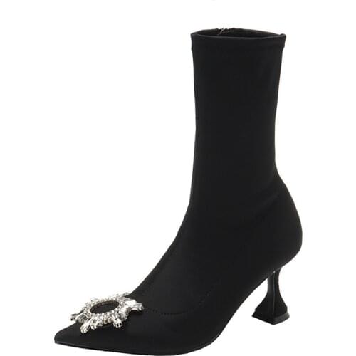 Womens Satin Stretchy Ankle Boots Rhinestones Crystal Buckle High Heel Shoes Side Zipper Warm Winter&Autumn styles New Black