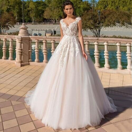 Vestido De Noiva Sheer Top Scoop Sash Light Champagne Tulle Appliques Lace Mariage Bride Gown Mine Wedding Dress 2021