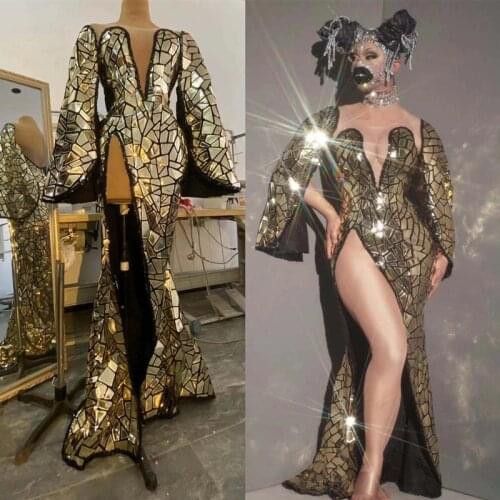 Women Deep V-neck Slit Gold Laser Mirrors Mermaid Dress Fashion Evening Party Birthday Prom Celebrate Long Dresses For Singer