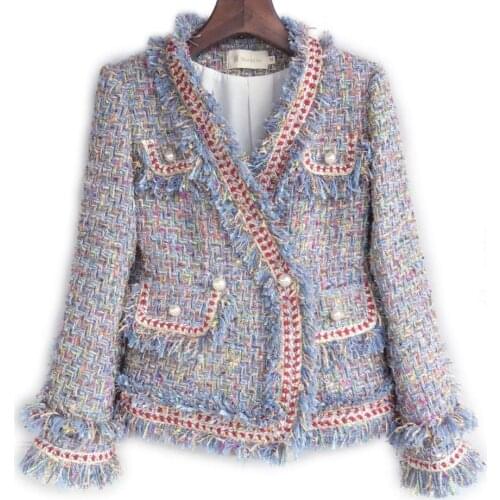 Women small fragrance Fashion Elegant Bead Vintage Coarse Tweed Winter Casual Woolen Overcoat Coat Winter Jacket