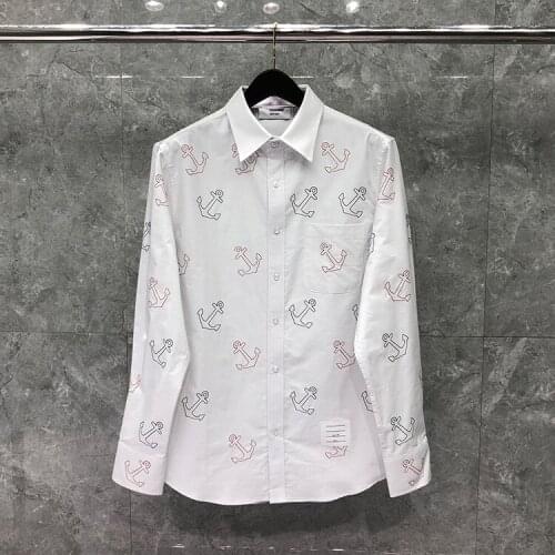 2021 Fashion TB THOM Brand Shirts Summer Men Slim Long Sleeve Casual Shirt Turn Down Collar Oxford Anchor Pattern Mens Clothing