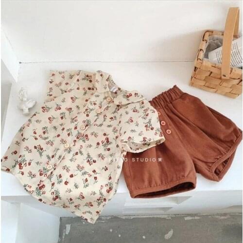 2021 new cotton girls boys 2 pcs set summer cotton printed shirt+shorts cool soft kids suit