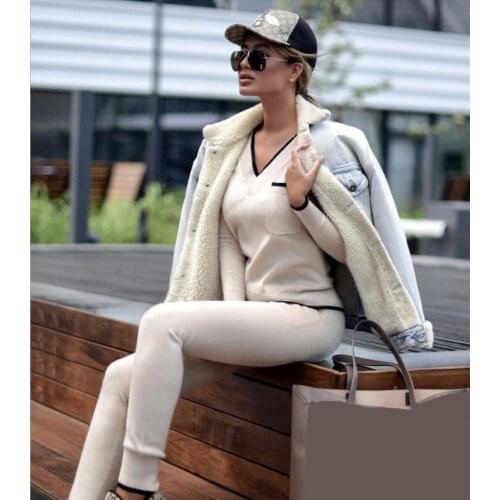 30%Wool + 45% Cashmere Knit warm Suits v-neck cashmere woolen Sweater + Mink Cashmere Trousers Leisure Two-pieces sets F381