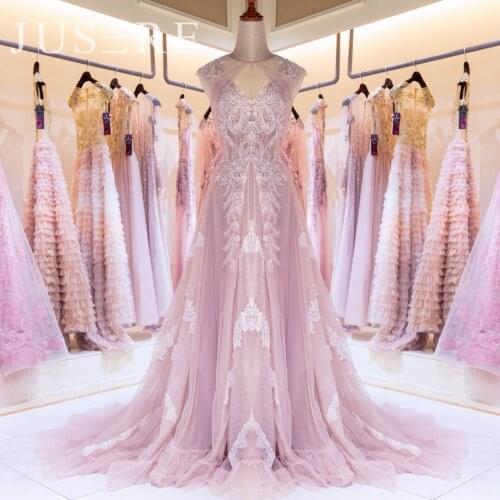 Scoop Neckline Sleeveless Pink A-Line Evening Dress Illusion Backline Beading Appliques Prom Dress with Sweep Train in Stock