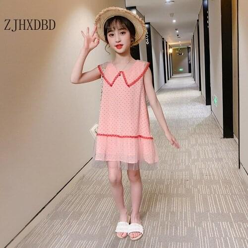 2020 Childrens Clothing New Middle-aged Children Cute Lapel Doll dress 5 Girls 6 Loose 7 Sweet 8-year-old Mesh Dress Clothing