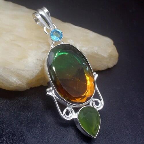 Gemstonefactory Jewelry Big Promotion Single Unique 925 Silver Double Green Brown Topaz Emerald Women Lady Necklace Pendant