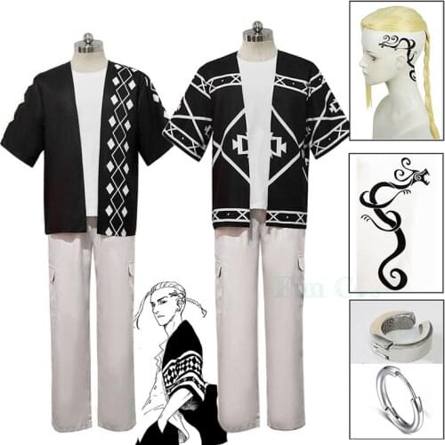 Tokyo Revengers Draken Cosplay Costume Ryuguji Ken Cloak Pants Wig Ring Tattoo Stickers Anime Division Captain Uniform Adults