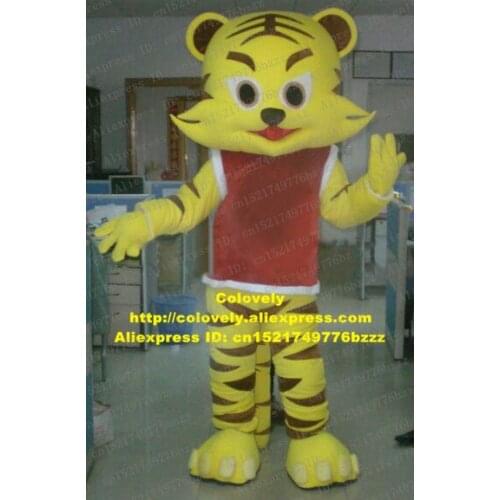 Friendly Yellow Tiger Tigerkin Mascot Costume Adult Size With Small Yellow Brown Ears Dense Brown Eyebrow Black Nose No.6133