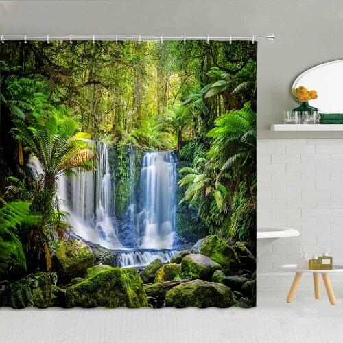 Forest Waterfall Shower Curtain Natural Scenery Mountain Bridge Bathroom Supplies Fabric Bath Screen Cloth Curtains With Hooks