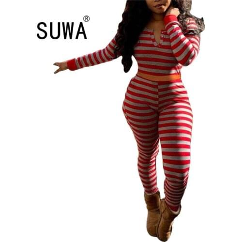Hot Recommend Style Red Striped Printed Women Two Piece Lounge Wear Set Long Sleeve T-Shirt Skinny Pants Trousers Jogger Suit