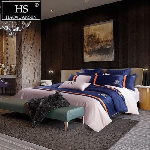 Fashion Simple Business Style 4pcs Bedding Sets Dark Blue Silk Imitation and Cotton Quilt Cover Bed Sheet Set Queen King Size