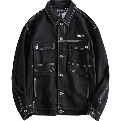 Japanese Harajuku Black Contrast Stitch Denim Jacket for Men Fashion Multi Big Pockets Button Up Mens Jean Jacket Plus Size