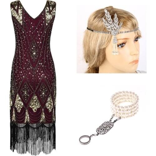 Gatsby Dress 1920s Sequin Fringed Paisley Flapper Cocktail Beaded Dress with 20s Accessories Set